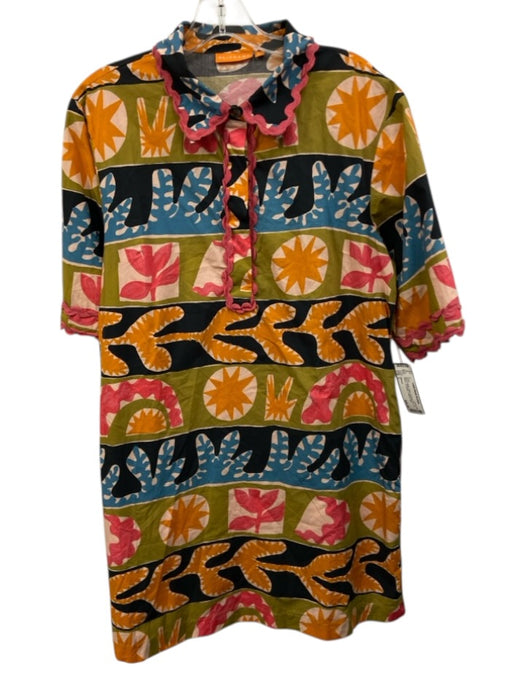Oliphant Size L Black & Multi Cotton Abstract Print 1/2 Sleeve 1/2 Button Dress Black & Multi / L