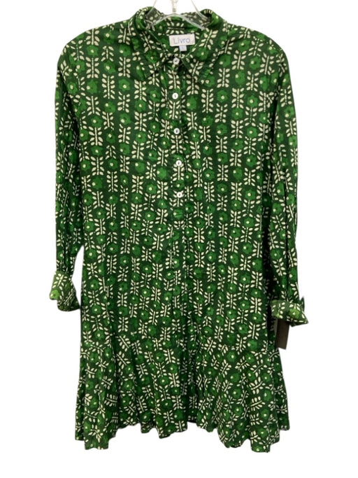 Livro Size L Green & Cream Cotton Abstract Floral Long Sleeve 1/2 Button Dress Green & Cream / L