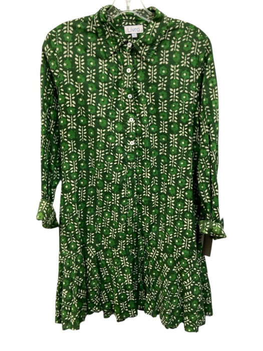Livro Size L Green & Cream Cotton Abstract Floral Long Sleeve 1/2 Button Dress Green & Cream / L