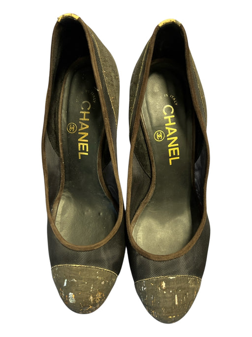 Chanel Shoe Size 37 Black & Gray Mesh Leather Almond Toe High Heel Pump Shoes Black & Gray / 37