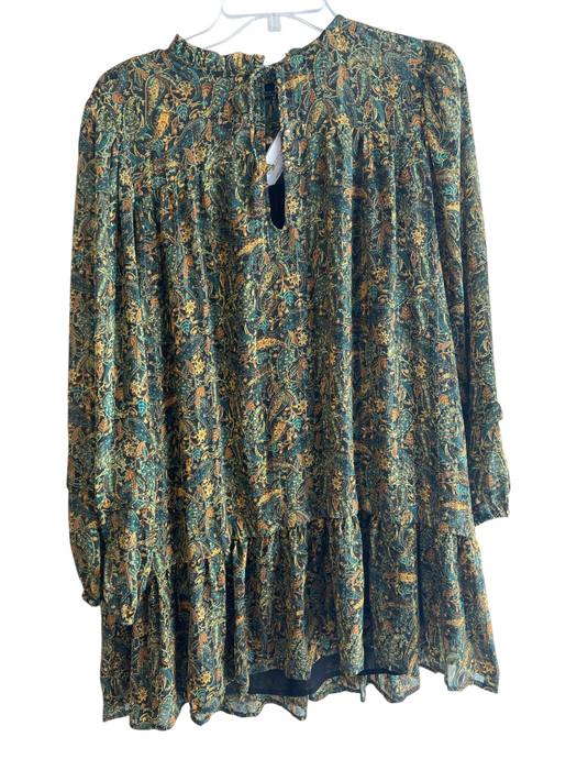 Zara Size S Green Polyester Tie V Neck Long Sleeve Paisley Knee length Dress Green / S