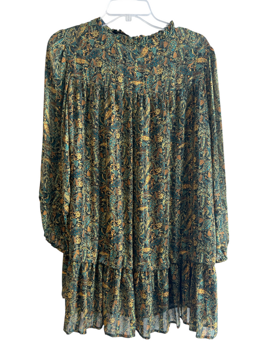 Zara Size S Green Polyester Tie V Neck Long Sleeve Paisley Knee length Dress Green / S
