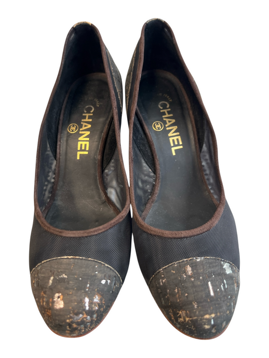 Chanel Shoe Size 37 Black Cork & Leather Mesh Cap Toe Logo Kitten Heel Shoes Black / 37