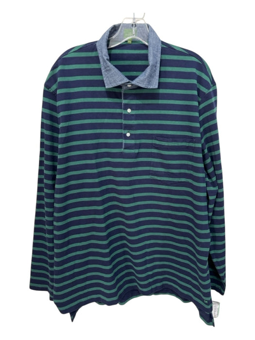 Sid Mashburn Size XXL Navy & Green Cotton Striped Polo Men's Long Sleeve Shirt Navy & Green / XXL