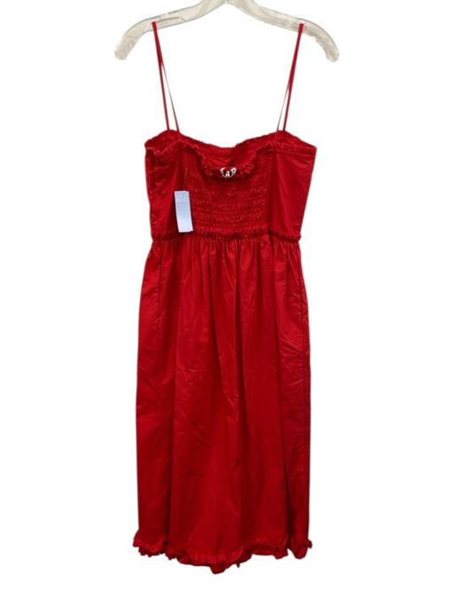Ganni Size 38 Red Cotton Spaghetti Strap Ruffles Gathered Midi Dress Red / 38