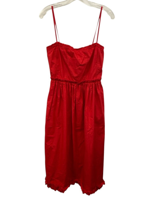 Ganni Size 38 Red Cotton Spaghetti Strap Ruffles Gathered Midi Dress Red / 38