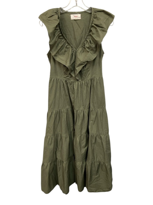 XiRENA Size Small Olive Green Cotton Ruffle Cap Sleeve V Neck Tiered Midi Dress Olive Green / Small