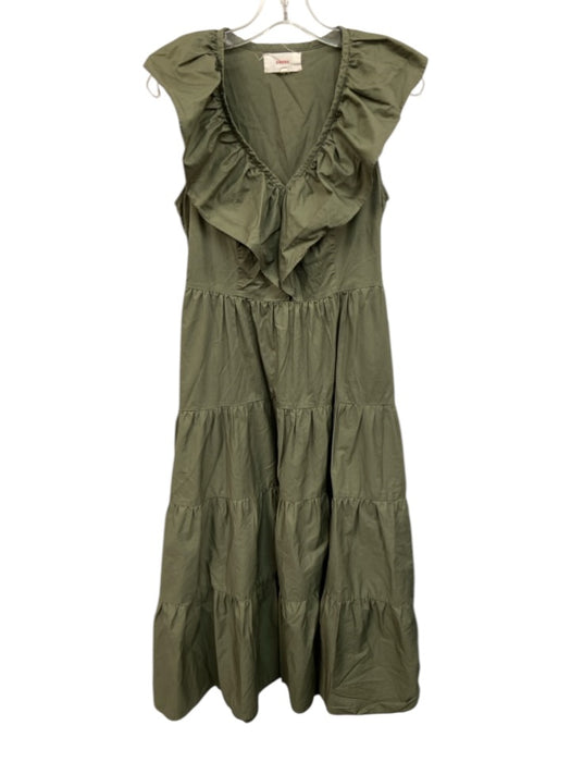 XiRENA Size Small Olive Green Cotton Ruffle Cap Sleeve V Neck Tiered Midi Dress Olive Green / Small