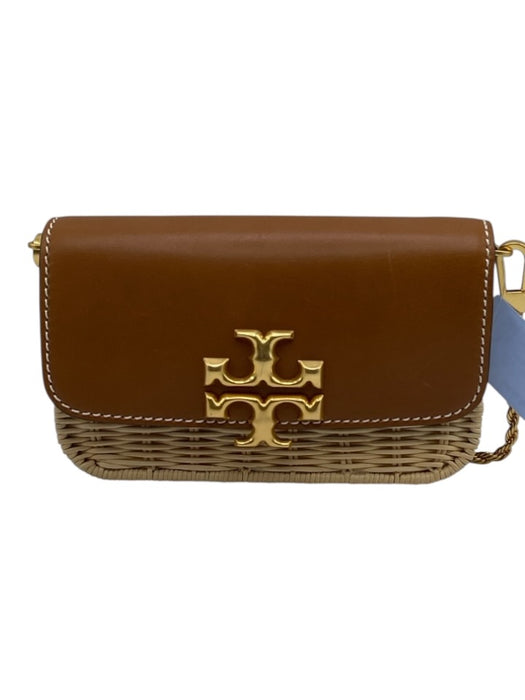 Tory Burch Tan & beige Leather & Wicker Flap Logo Chain Strap Clutch Bag Tan & beige / Mini