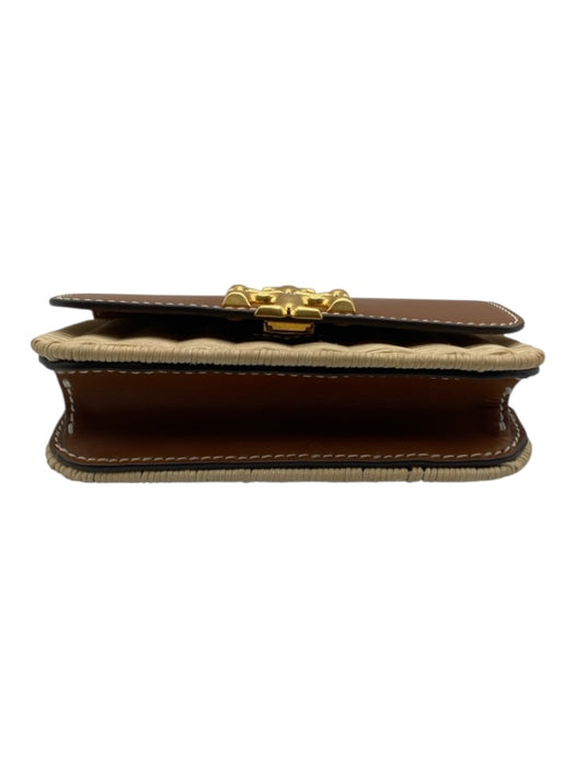 Tory Burch Tan & beige Leather & Wicker Flap Logo Chain Strap Clutch Bag Tan & beige / Mini