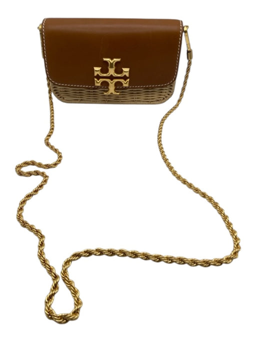 Tory Burch Tan & beige Leather & Wicker Flap Logo Chain Strap Clutch Bag Tan & beige / Mini