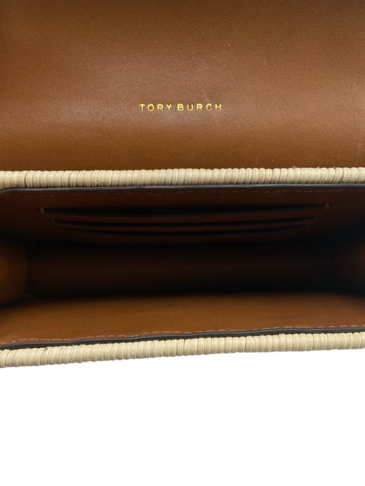 Tory Burch Tan & beige Leather & Wicker Flap Logo Chain Strap Clutch Bag Tan & beige / Mini