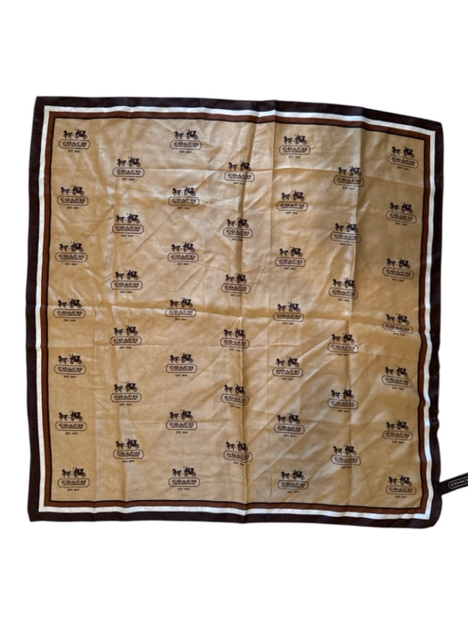 Coach Tan, White & Brown Silk Square Logo Striped Detail scarf Tan, White & Brown / Medium