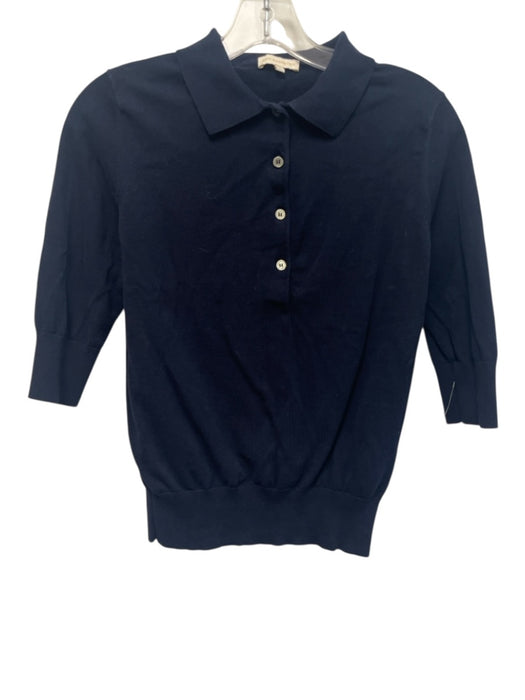 Ann Mashburn Size S Navy Blue Cotton Knit Short Sleeve Ribbed Hem Polo Top Navy Blue / S
