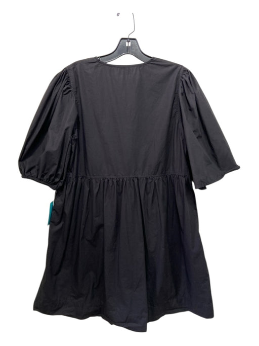 Ganni Size 38 Black Cotton Short Puff Sleeve Tie Front Above Knee Dress Black / 38