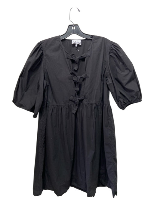 Ganni Size 38 Black Cotton Short Puff Sleeve Tie Front Above Knee Dress Black / 38
