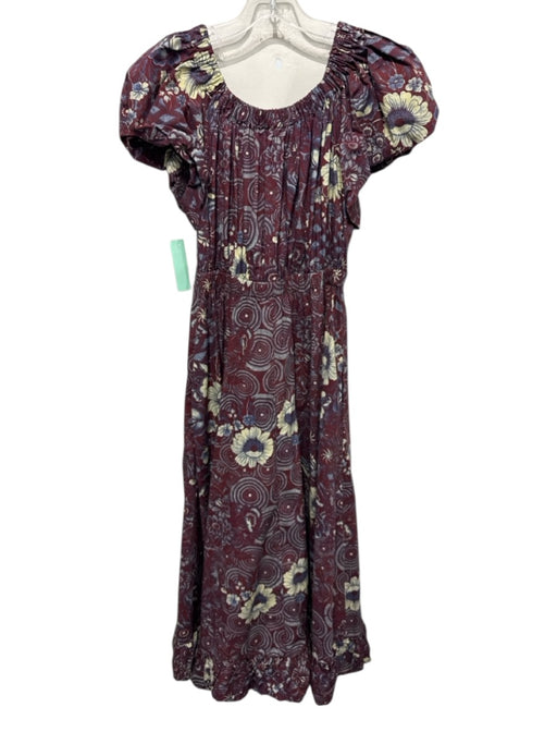 Ulla Johnson Size 4 maroon red, blue, yellow Cotton Gathered Midi Dress maroon red, blue, yellow / 4