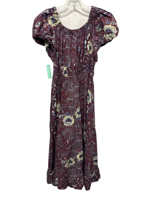 Ulla Johnson Size 4 maroon red, blue, yellow Cotton Gathered Midi Dress maroon red, blue, yellow / 4