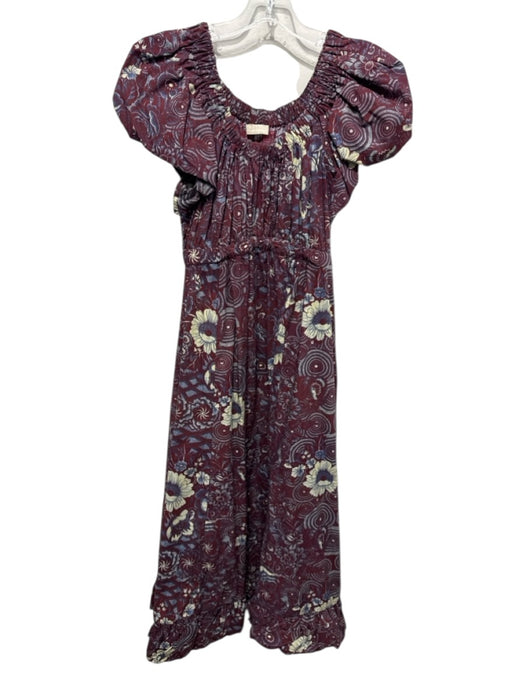 Ulla Johnson Size 4 maroon red, blue, yellow Cotton Gathered Midi Dress maroon red, blue, yellow / 4