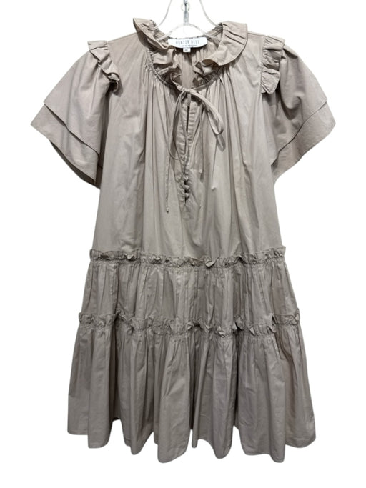 Hunter Bell Size XS Khaki Beige Cotton Tie Neck Ruffle Trim Knee length Dress Khaki Beige / XS