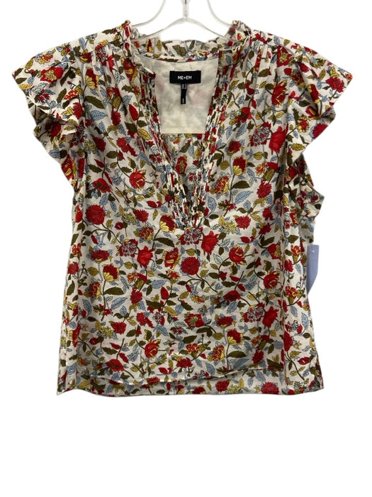 ME+EM Size 8 Red, Blue, Green Cotton Ruffle Cap Sleeve Floral Pintucks Top Red, Blue, Green / 8