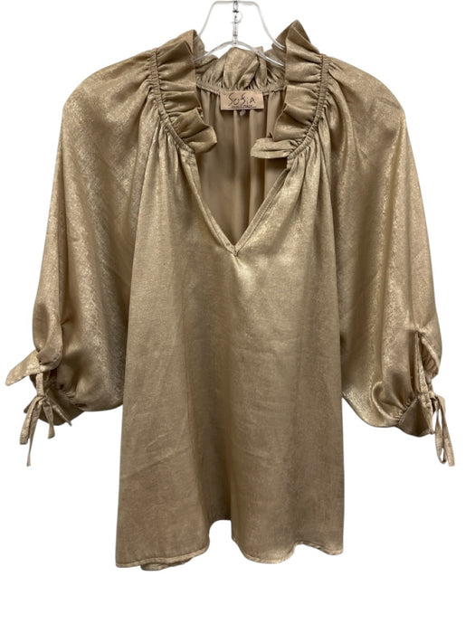 Sofia Size Est M Beige Gold Polyester Half Sleeve Shimmer Ruffle V Neck Top Beige Gold / Est M