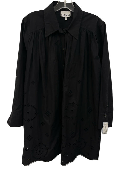 Ganni Size 36 Black Cotton Long Sleeve Eyelet Button Front Gathered Dress Black / 36
