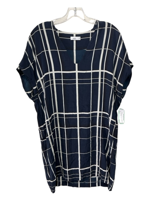 Vince Size M Navy & white Silk V Neck Cap Sleeve Plaid Dress Navy & white / M