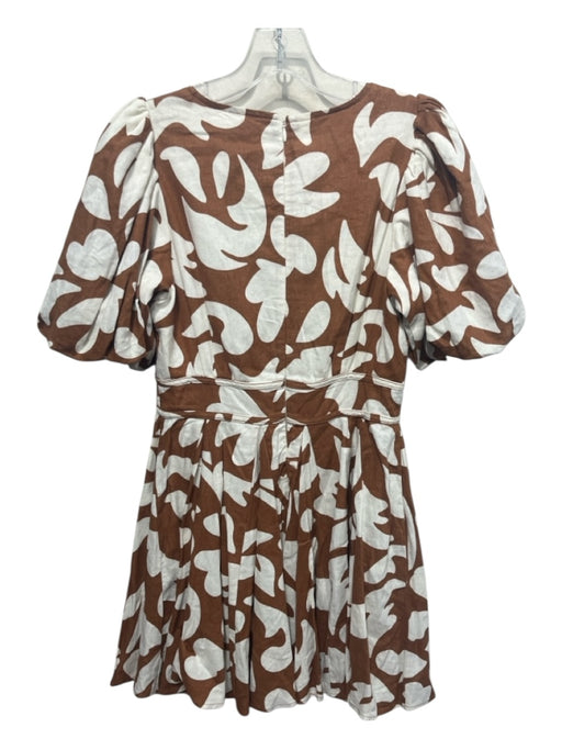House of Harlow Size 4 Brown & Cream Linen Blend Short Balloon Sleeve Dress Brown & Cream / 4