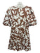 House of Harlow Size 4 Brown & Cream Linen Blend Short Balloon Sleeve Dress Brown & Cream / 4