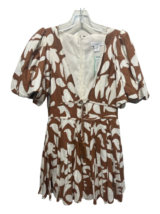 House of Harlow Size 4 Brown & Cream Linen Blend Short Balloon Sleeve Dress Brown & Cream / 4