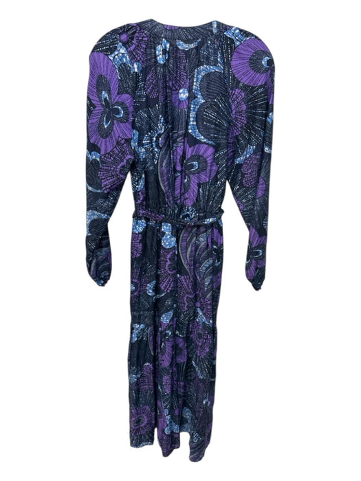 XiRENA Size M Black, Purple, Blue Cotton & Silk Long Balloon Sleeve Floral Dress Black, Purple, Blue / M