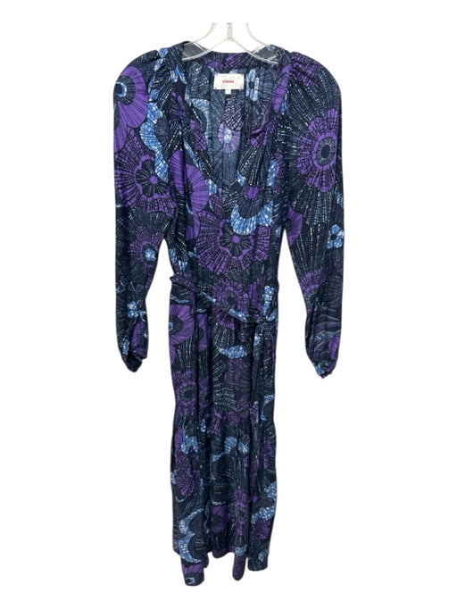 XiRENA Size M Black, Purple, Blue Cotton & Silk Long Balloon Sleeve Floral Dress Black, Purple, Blue / M
