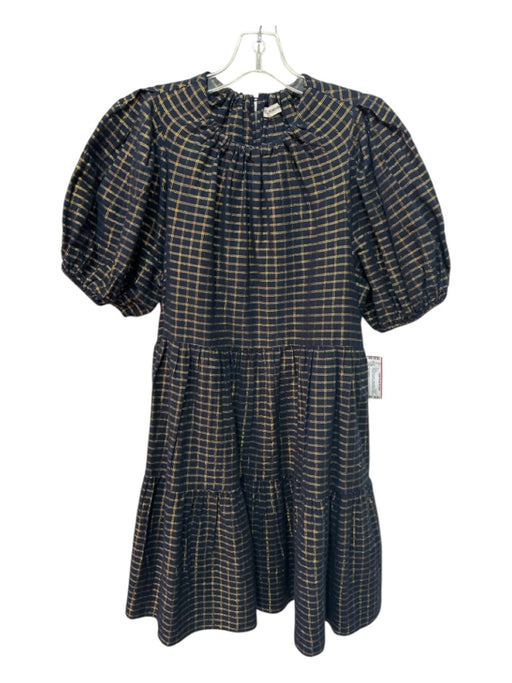 Ulla Johnson Size 8 Navy blue & gold Cotton Blend Metallic Thread check Dress Navy blue & gold / 8