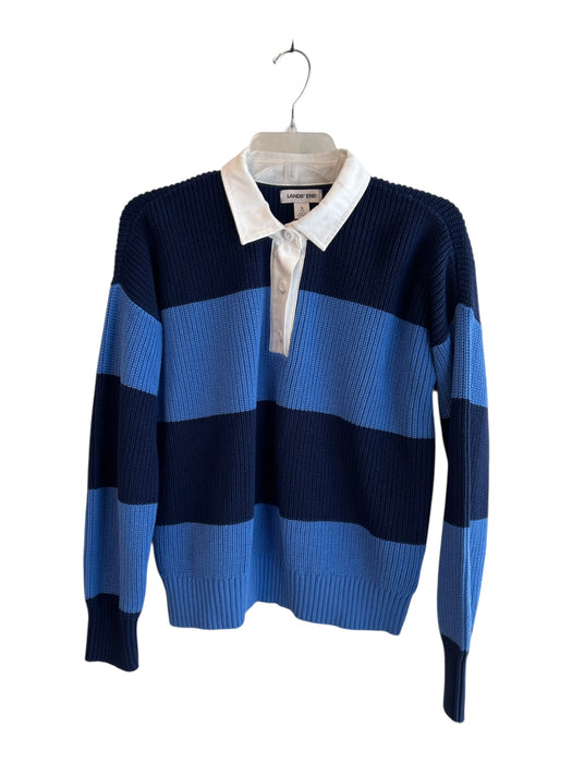 Lands' End Size S Blue 100% Cotton Knit Stripe Quarter Button Rugby Sweater Blue / S