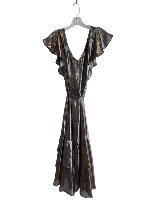 Tanya Taylor Size 10 Gunmetal Silk Blend Surplice Metallic Tiered Dress Gunmetal / 10