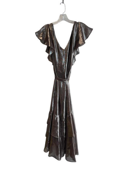 Tanya Taylor Size 10 Gunmetal Silk Blend Surplice Metallic Tiered Dress Gunmetal / 10