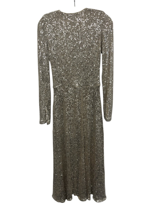 ROTATE BIRGER CHRISTENSEN Size 6 Silver Polyester Long Sleeve V Neck Maxi Gown Silver / 6