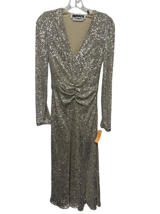ROTATE BIRGER CHRISTENSEN Size 6 Silver Polyester Long Sleeve V Neck Maxi Gown Silver / 6