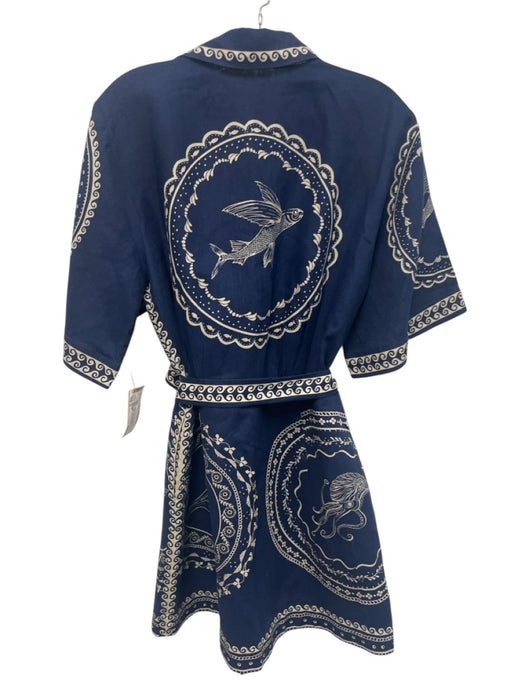 Alemais Size 6 Blue & White Flax Linen Short Sleeve Aquatic Mini Dress Blue & White / 6