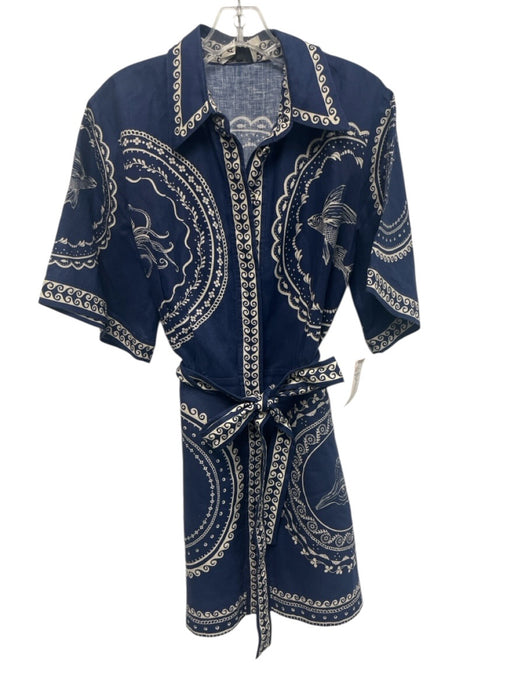 Alemais Size 6 Blue & White Flax Linen Short Sleeve Aquatic Mini Dress Blue & White / 6