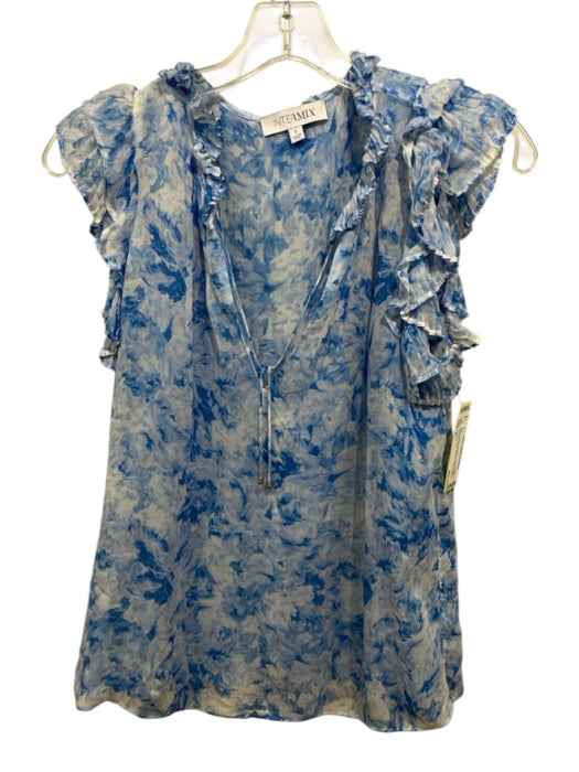 Intermix Size S Blue & White Viscose V Neck Ruffle Shoulder Detail Tassels Top Blue & White / S