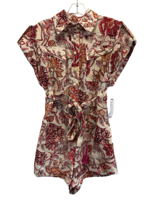 Zimmermann Size 0P Beige, Orange & Red Linen Floral Paisley Cap Sleeve Romper Beige, Orange & Red / 0P