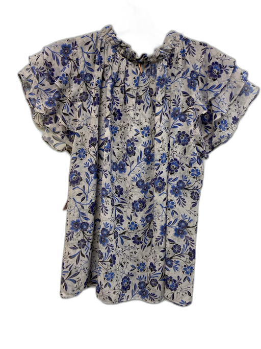 Misa Size S Gray & Blue Polyester Floral Tiered Cap Sleeve Tie V Neck Top Gray & Blue / S
