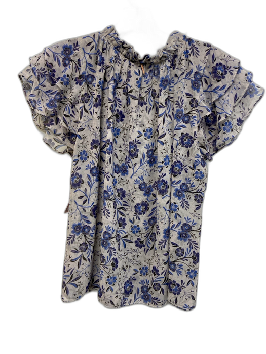 Misa Size S Gray & Blue Polyester Floral Tiered Cap Sleeve Tie V Neck Top Gray & Blue / S