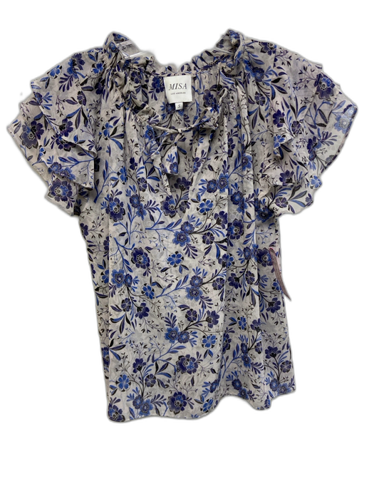 Misa Size S Gray & Blue Polyester Floral Tiered Cap Sleeve Tie V Neck Top Gray & Blue / S