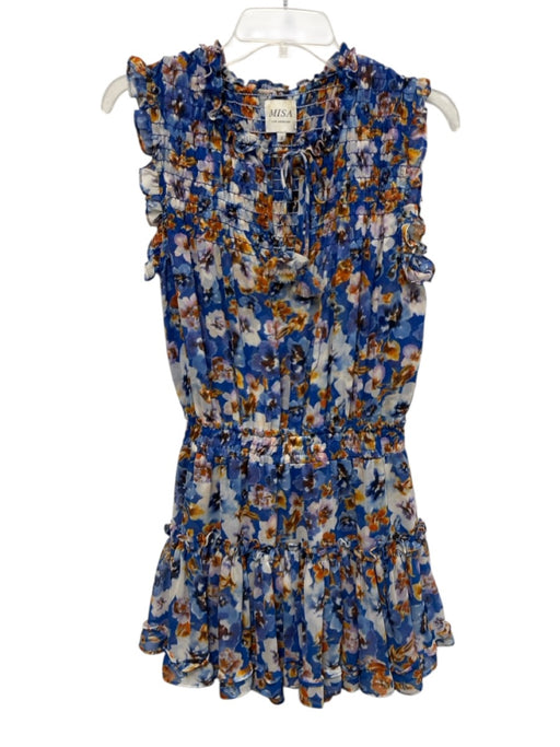 Misa Size S Blue, White, Orange Polyester Ruffle Cap Sleeve Floral Dress Blue, White, Orange / S