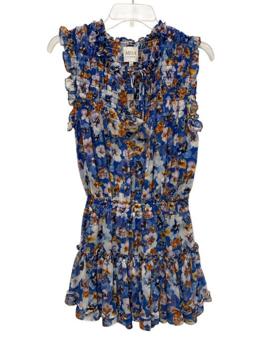 Misa Size S Blue, White, Orange Polyester Ruffle Cap Sleeve Floral Dress Blue, White, Orange / S