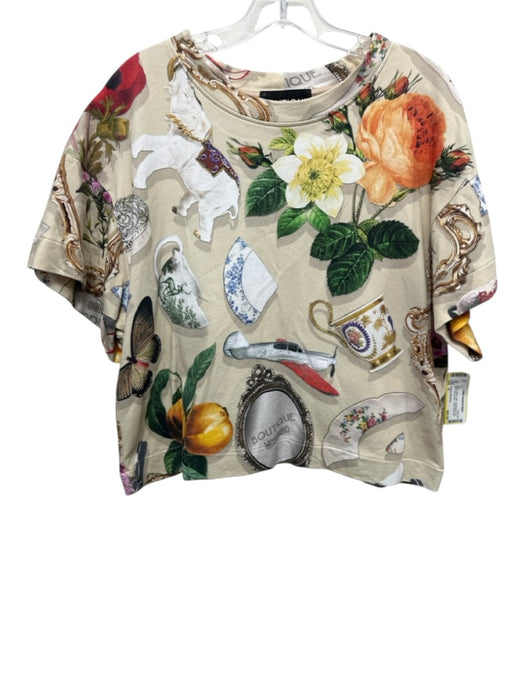 Boutique Moschino Size 10 Beige & Multi Cotton Knickknack Print Short Sleeve Top Beige & Multi / 10