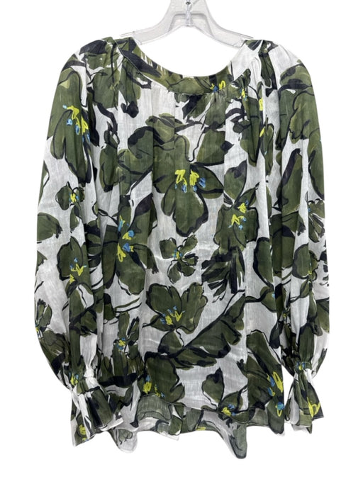 Aje. Size One Size White & Green Silk & Linen Floral Long Balloon Sleeve Top White & Green / One Size